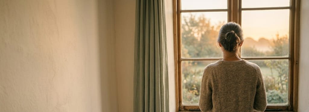 A woman standing at a window looking out toward the dawn